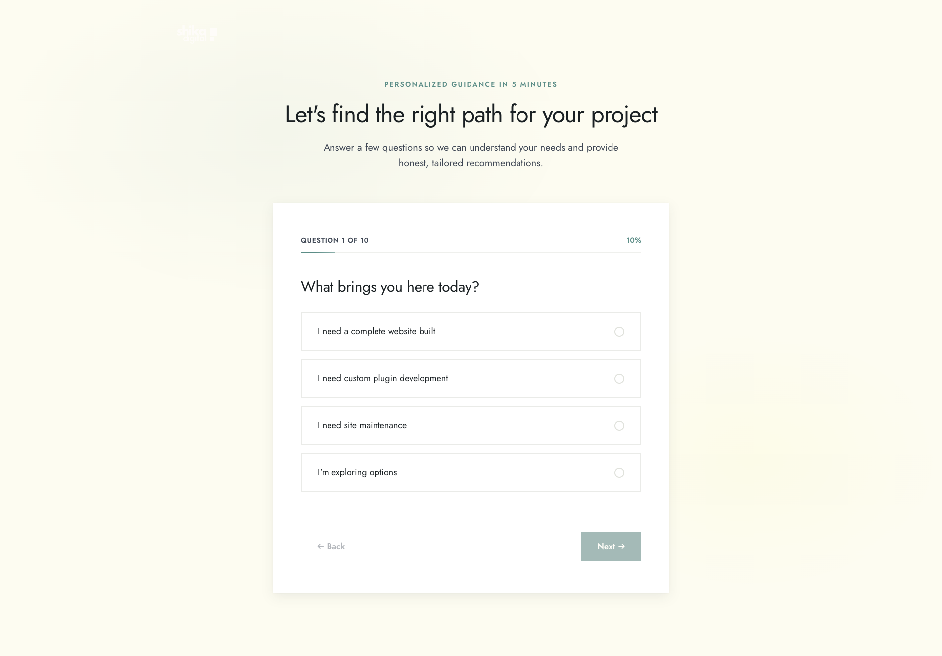 Assessment page showing the first question with four options